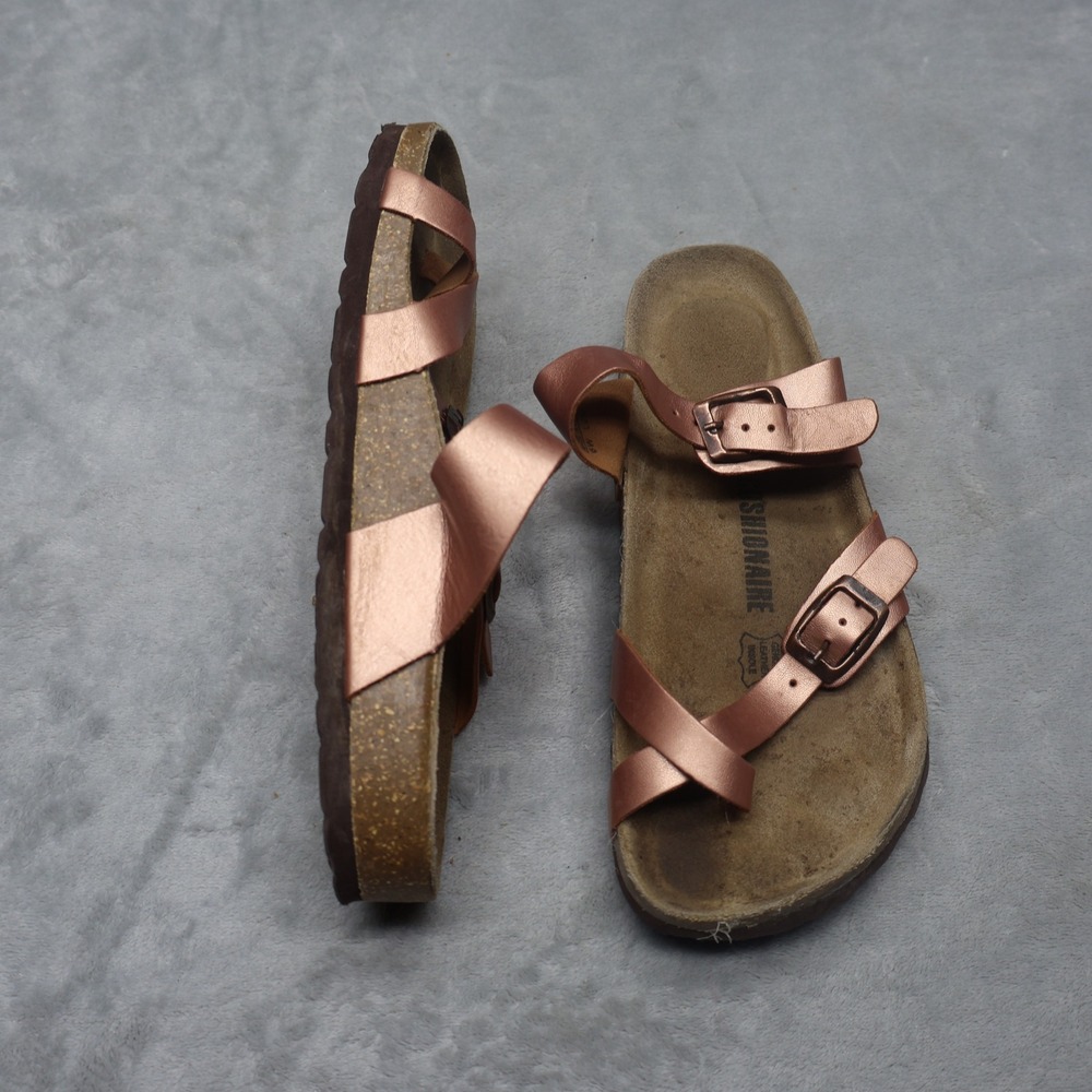 Cushionaire Women 6 Sandal Gold Luna Metallic Cork Footbed Buckle‎ Strappy Slide